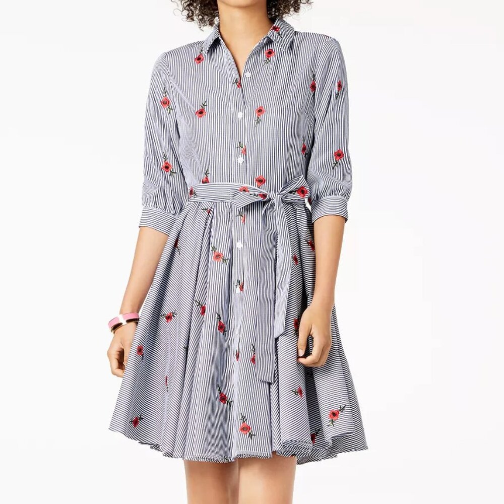 BETSEY JOHNSON  Embroidered Striped Belted Shirtdress Size 12